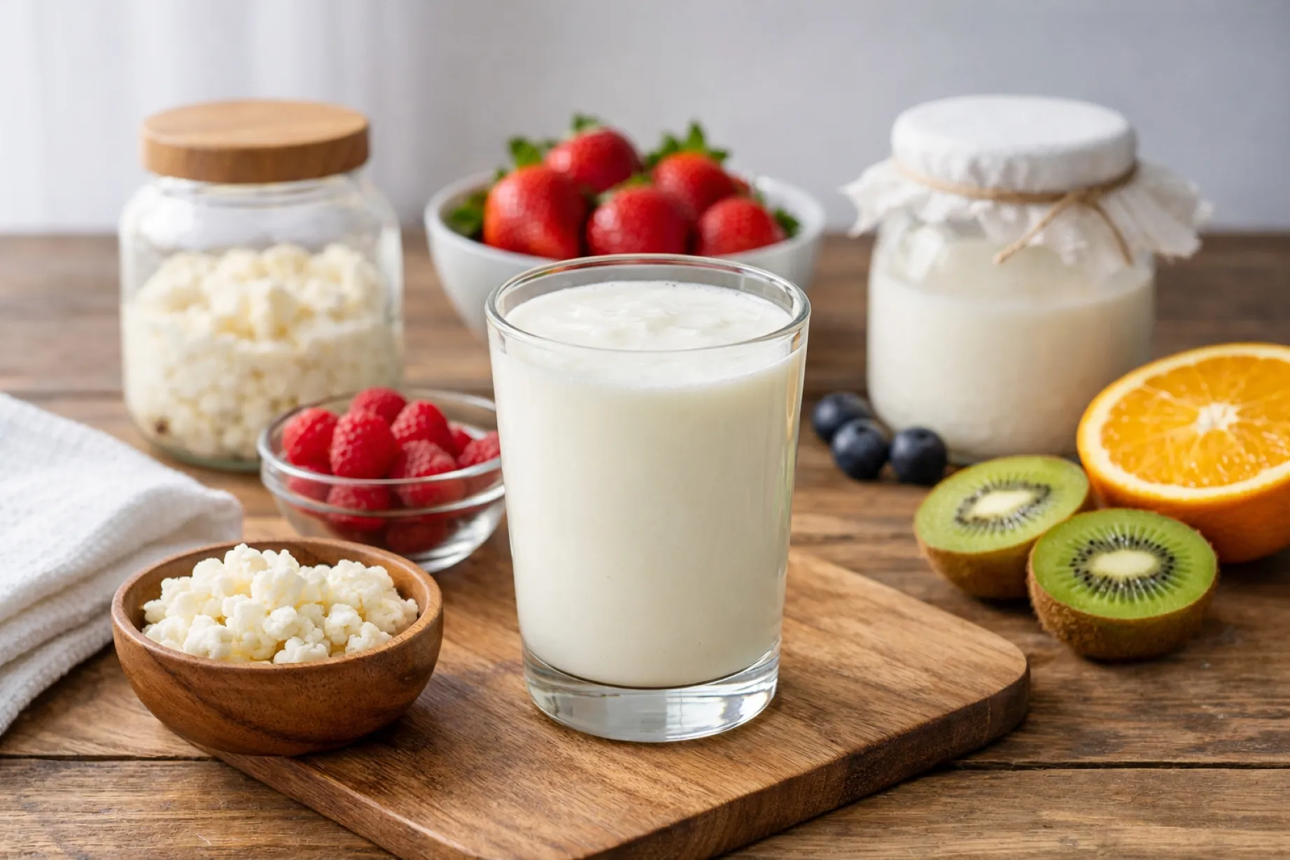 Vaso de kéfir diario con frutas y cultivos probióticos sobre mesa de cocina iluminada