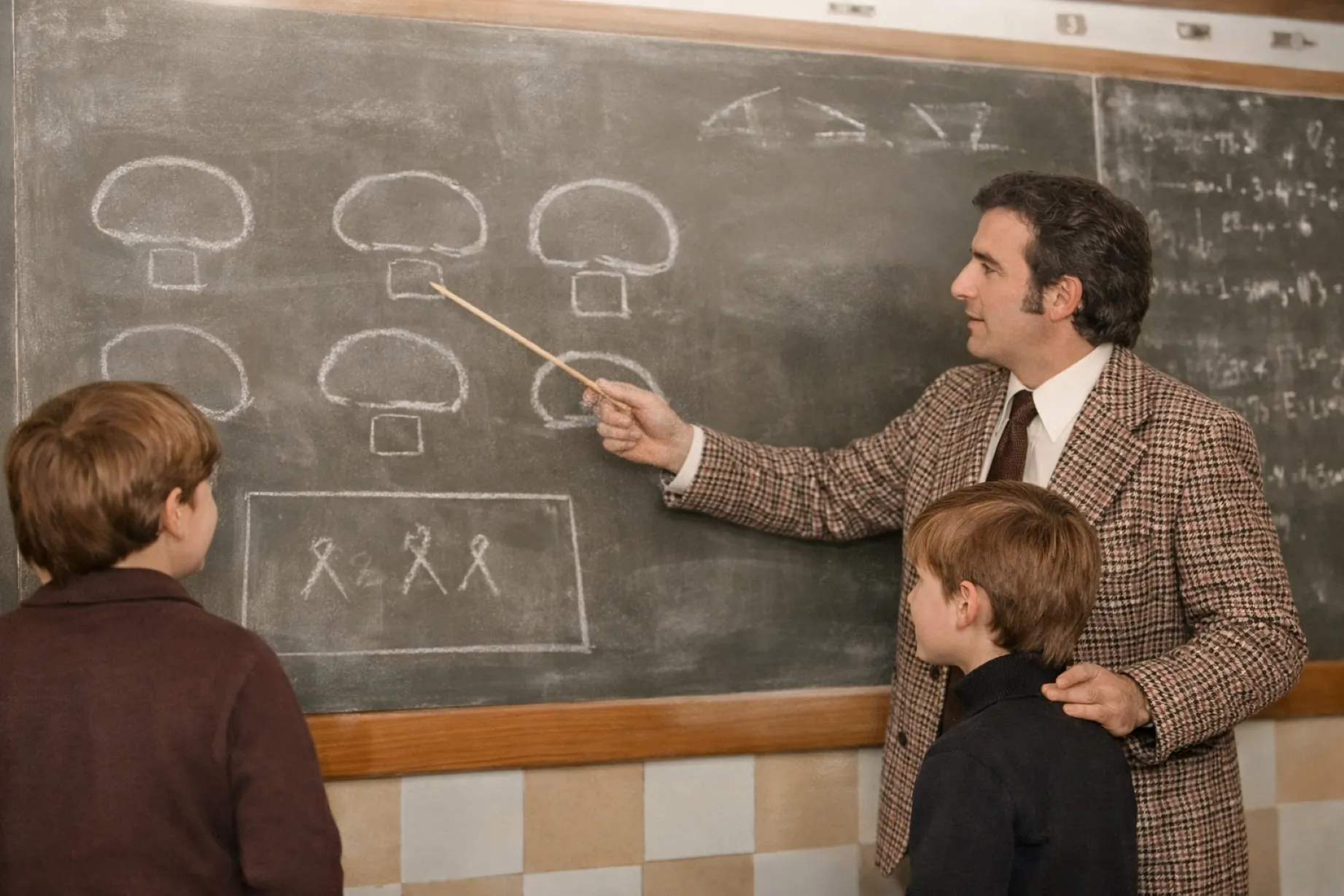 Profesor y estudiantes interactuando en aula con enfoque en educación transformadora y colaboración
