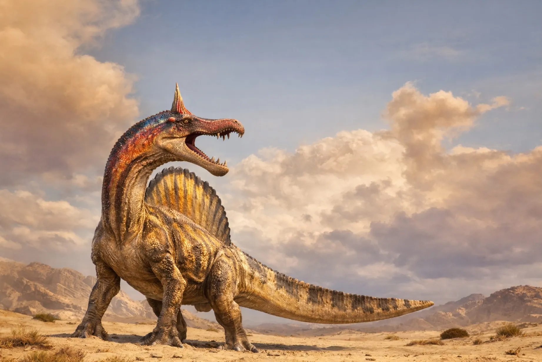 Recreación del dinosaurio del Sahara Spinosaurus mirabilis con cresta colorida en paisaje desértico