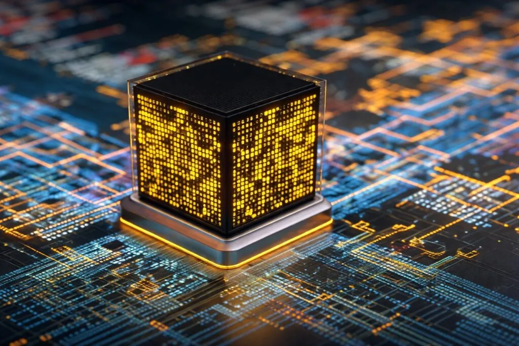 Cubo digital que representa computación cuántica sobre una placa de circuitos y datos cifrados