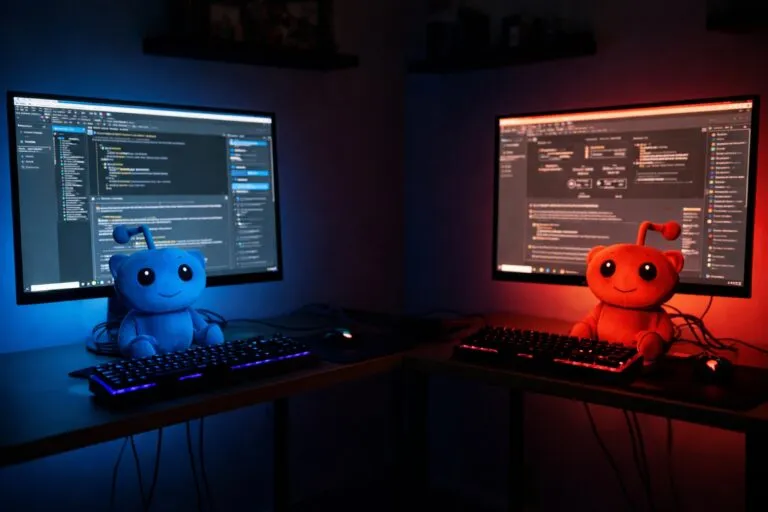 Representación fotorealista de una red social de IA con avatares conversando desde escritorios iluminados, en un entorno tecnológico