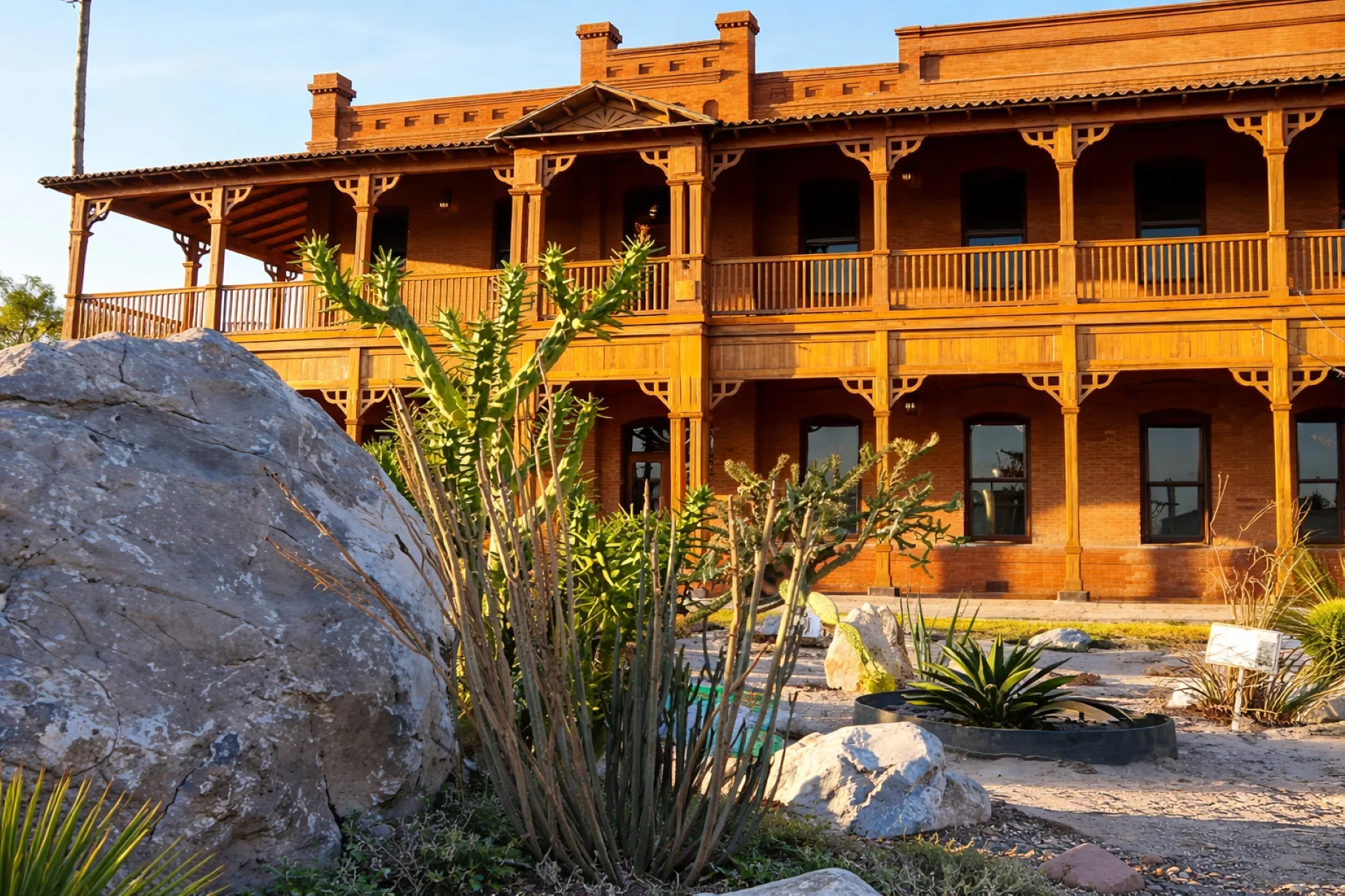 Fachada principal del Museo de los Metales en Torreón, rodeada de vegetación desértica y rocas
