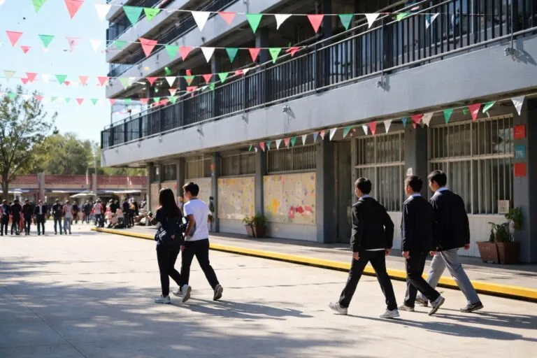 Estudiantes potosinos caminando en secundaria decorada con banderines, en jornada escolar normal en San Luis Potosí