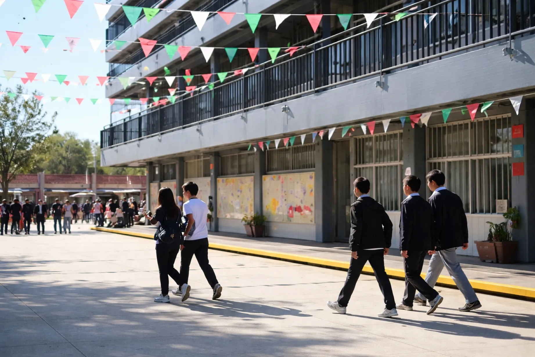 Estudiantes potosinos caminando en secundaria decorada con banderines, en jornada escolar normal en San Luis Potosí