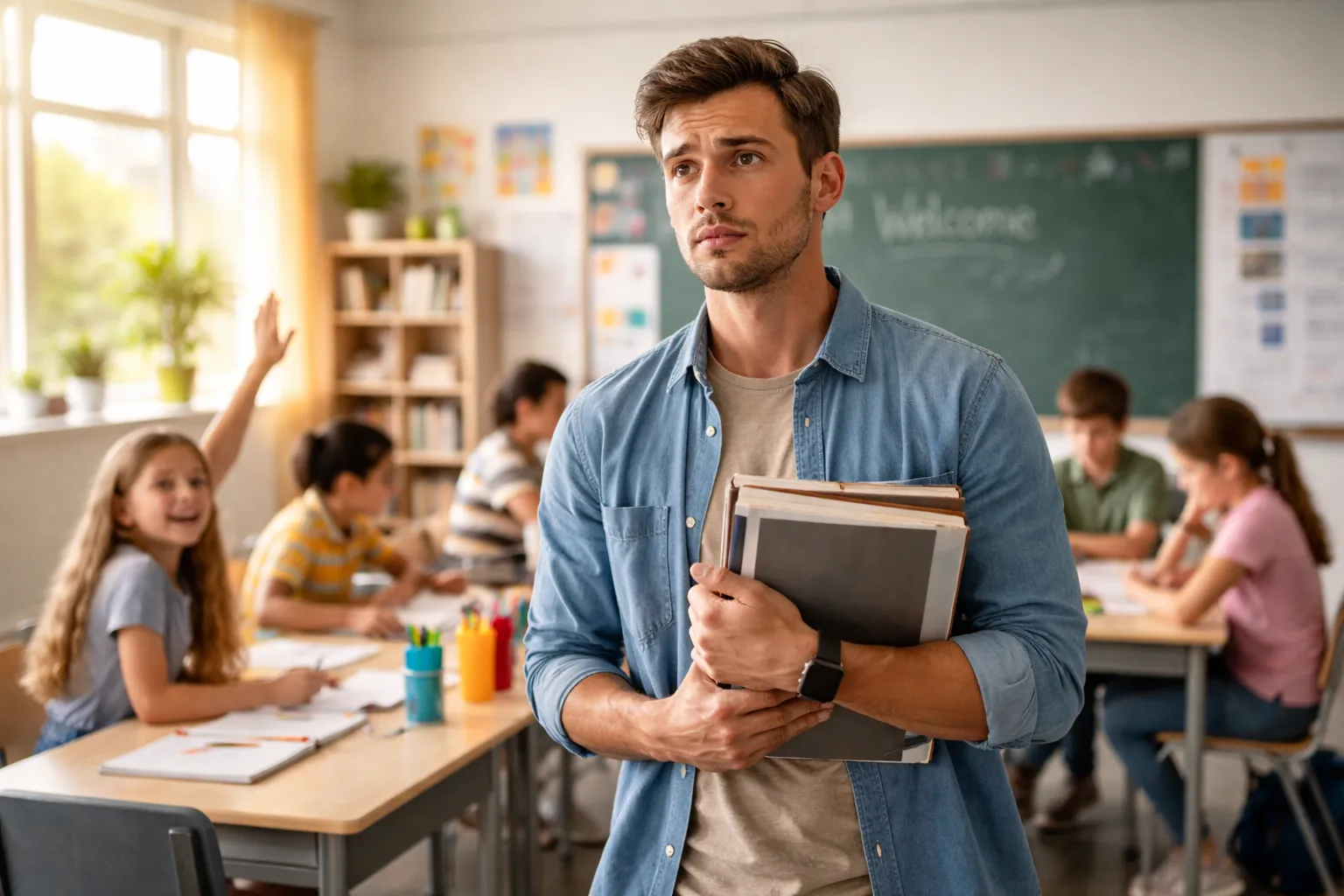 maestros primerizos en aula moderna enfrentando retos del primer año docente con estudiantes