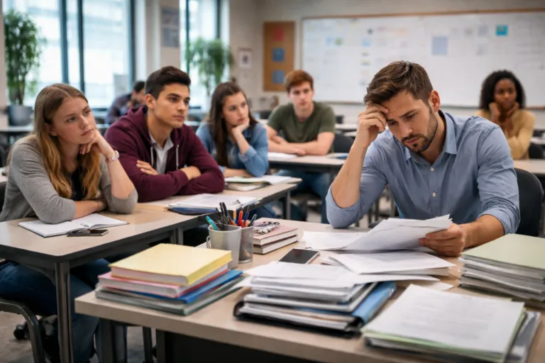 crisis docente muestra estudiantes desmotivados y maestros con alta carga laboral en aulas modernas
