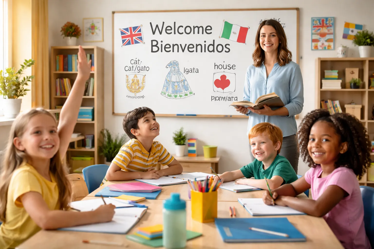 educación bilingüe en México con niños aprendiendo español e inglés en aula moderna