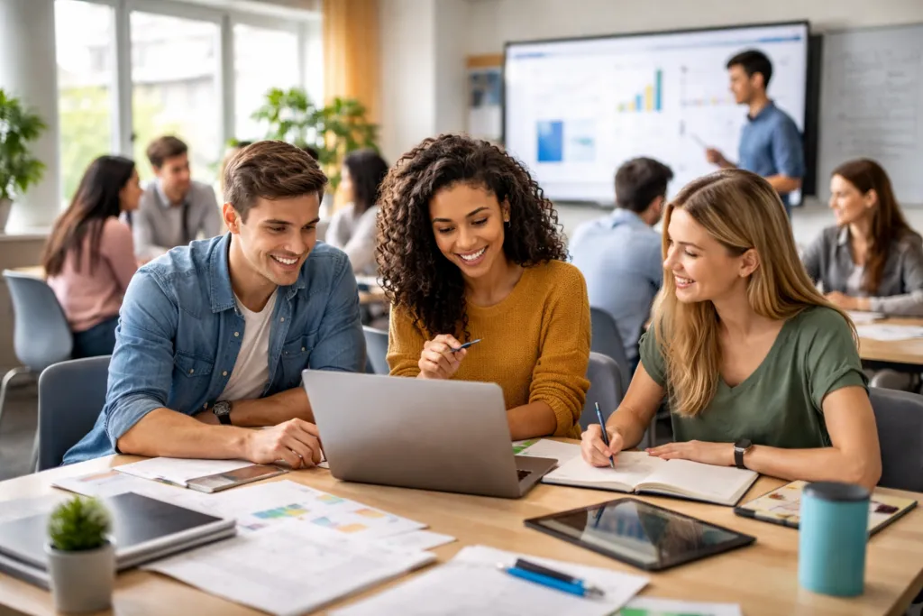 educación de calidad con estudiantes en aula universitaria moderna desarrollando habilidades de liderazgo