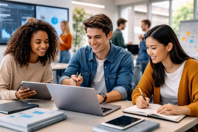 Estudiantes universitarios en entorno moderno reflejan cómo la educación de calidad impulsa liderazgo, innovación y empleabilidad global