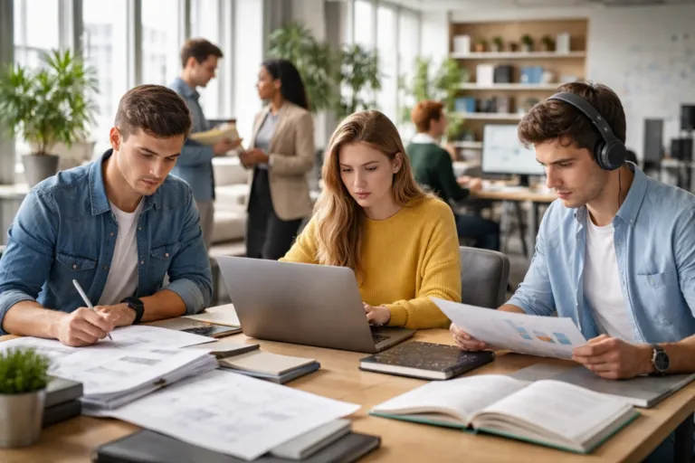 educación y empleo juvenil en Europa muestra jóvenes trabajando en oficinas modernas con diversidad profesional