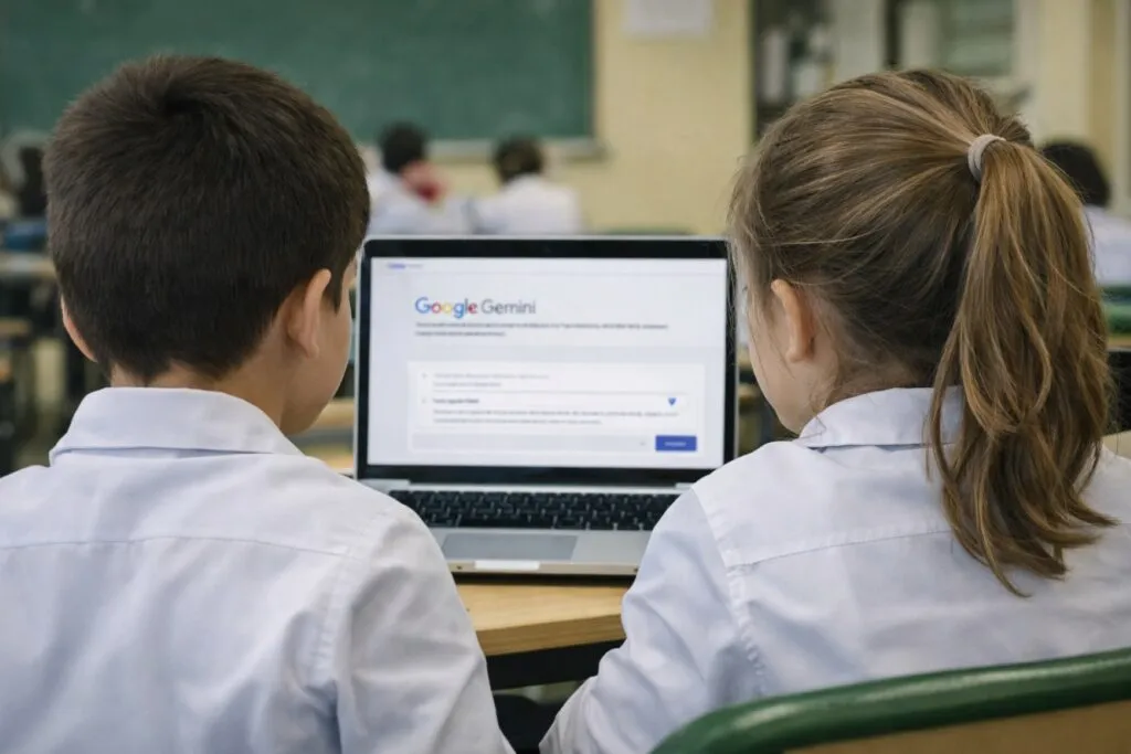 Estudiantes en aula digital utilizando herramientas educativas con Google Gemini para fortalecer prácticas escolares