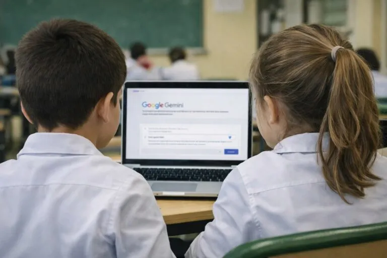 Estudiantes en aula digital utilizando herramientas educativas con Google Gemini para fortalecer prácticas escolares