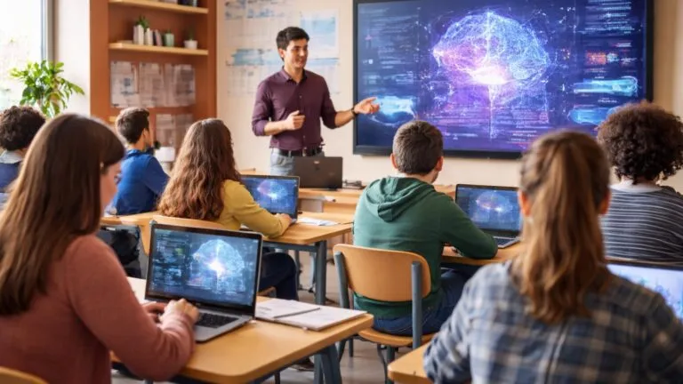 estudiantes usando laptops en aula moderna reflejando el impacto de la inteligencia artificial en la educación y el aprendizaje digital