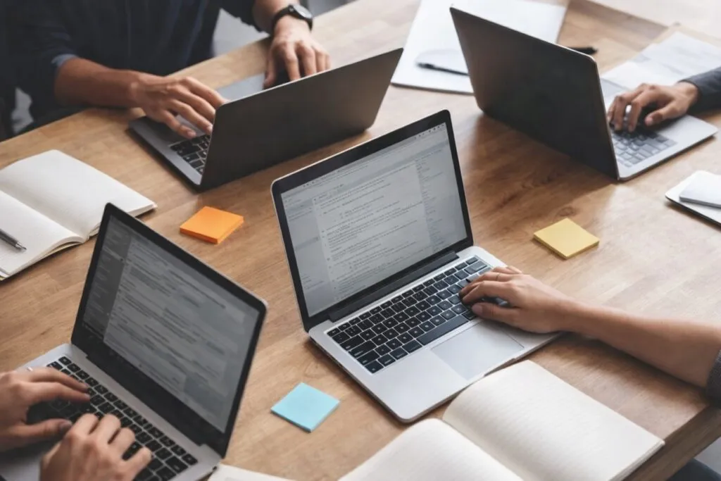 Espacio académico moderno con docentes trabajando en proyectos de innovación educativa y herramientas tecnológicas.