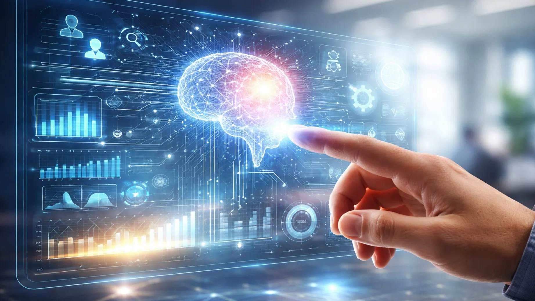 Interfaz digital de inteligencia artificial con cerebro holográfico interactuado por una mano humana, representando el uso de inteligencia artificial en educación superior