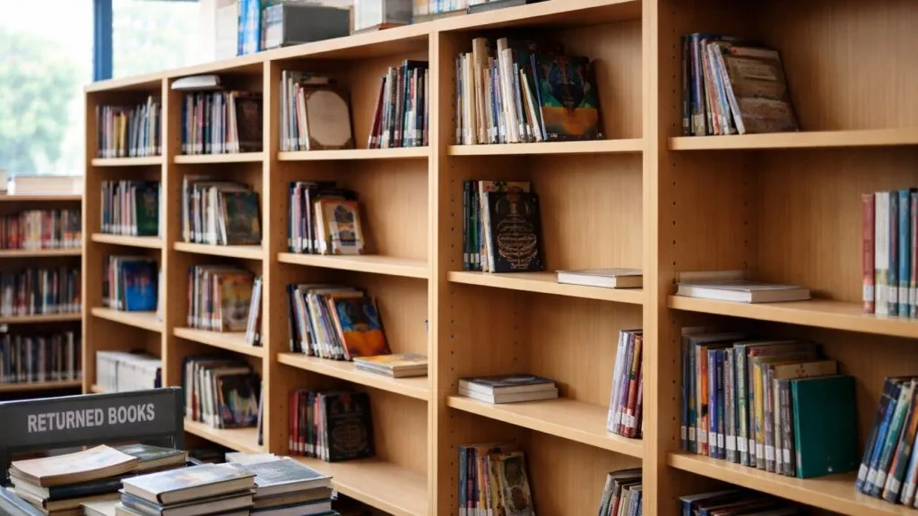 Estantería de biblioteca escolar con espacios vacíos refleja prohibición de libros y retiro de títulos en escuela del Reino Unido.