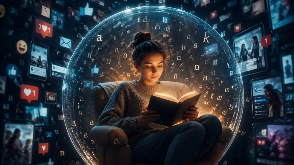 lectura en la era digital con persona leyendo libro frente a uso de dispositivos electrónicos