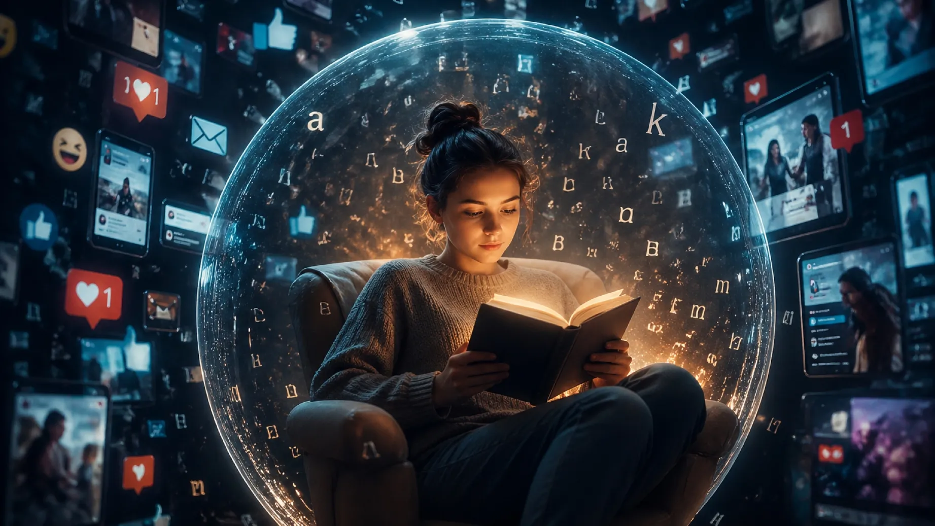 lectura en la era digital con persona leyendo libro frente a uso de dispositivos electrónicos