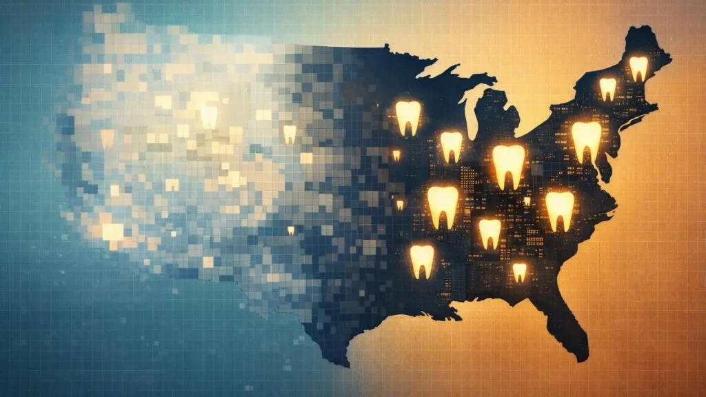 desiertos dentales en Estados Unidos representados con mapa que muestra zonas rurales sin acceso a servicios odontológicos frente a ciudades con alta cobertura
