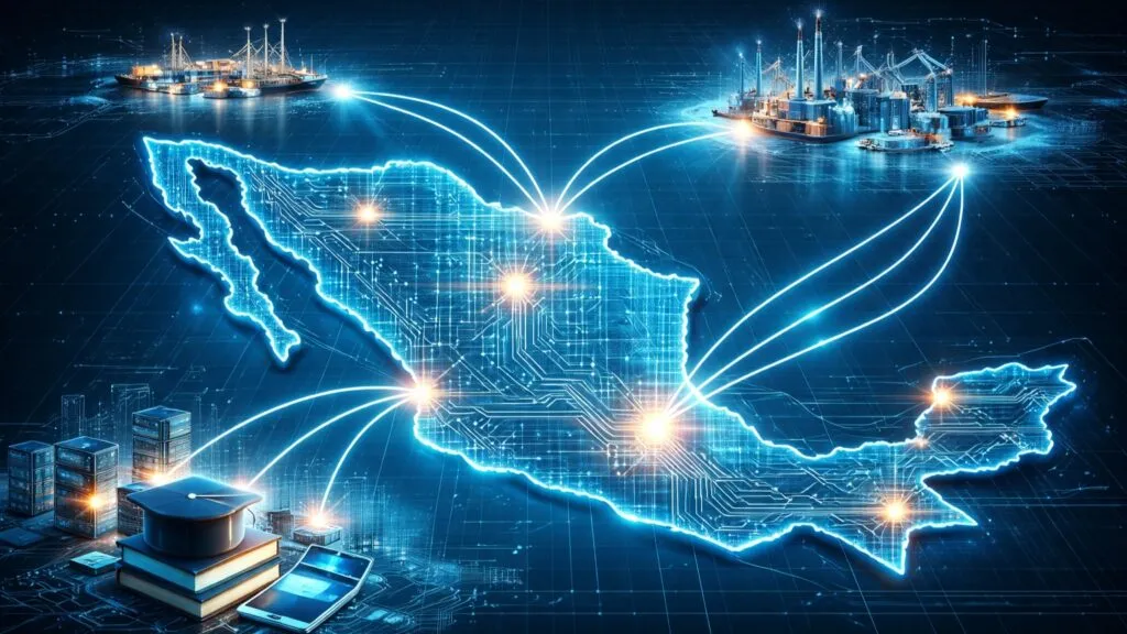 nearshoring en México representado con mapa digital conectado a industria, educación y tecnología para formar talento competitivo