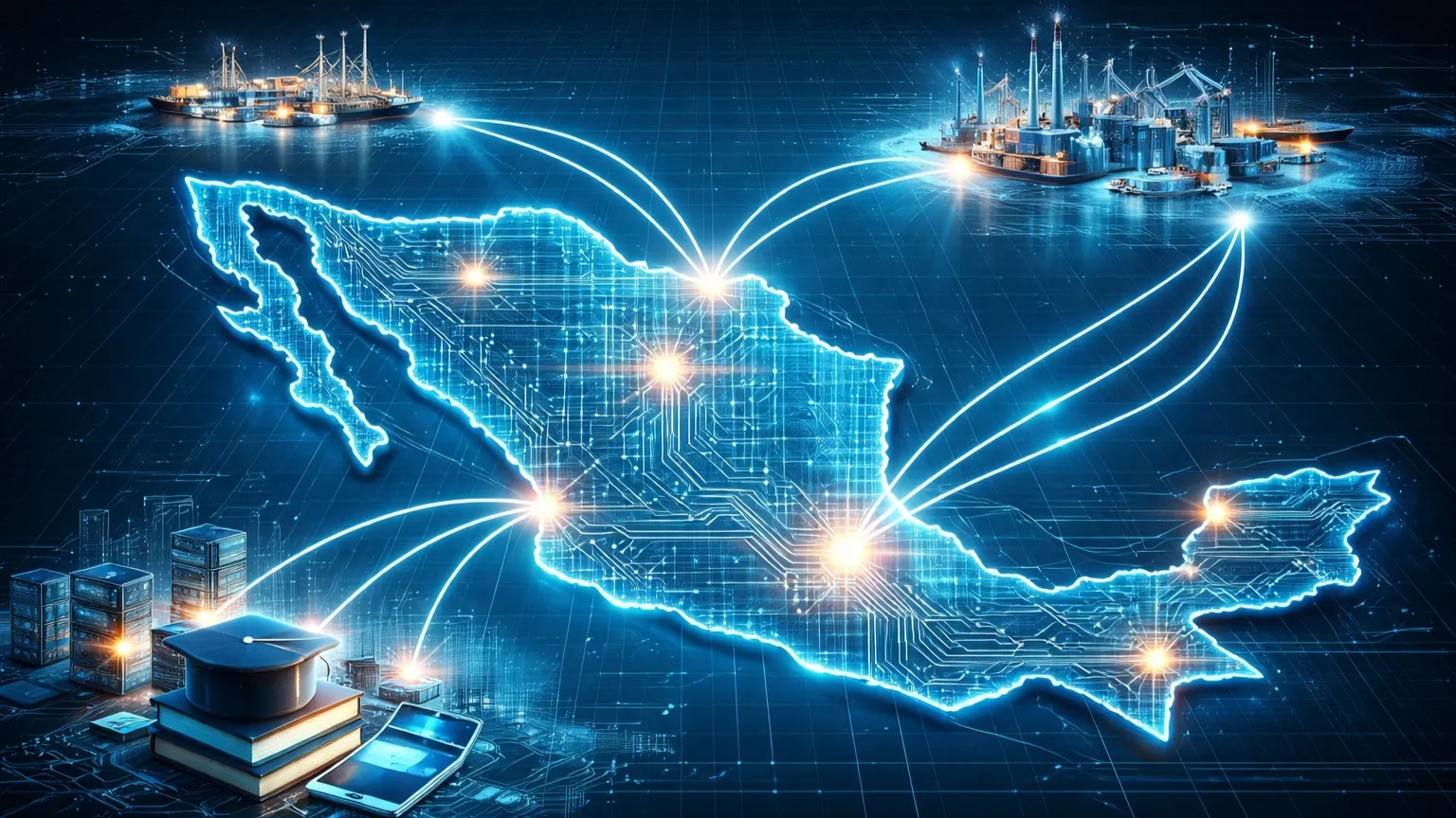 nearshoring en México representado con mapa digital conectado a industria, educación y tecnología para formar talento competitivo