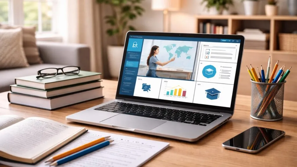 escuelas virtuales con computadora y entorno de estudio digital representando educación online y evaluación del aprendizaje