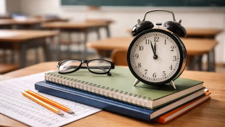 evaluación educativa con reloj y libros escolares representando medición tardía del aprendizaje en el sistema educativo