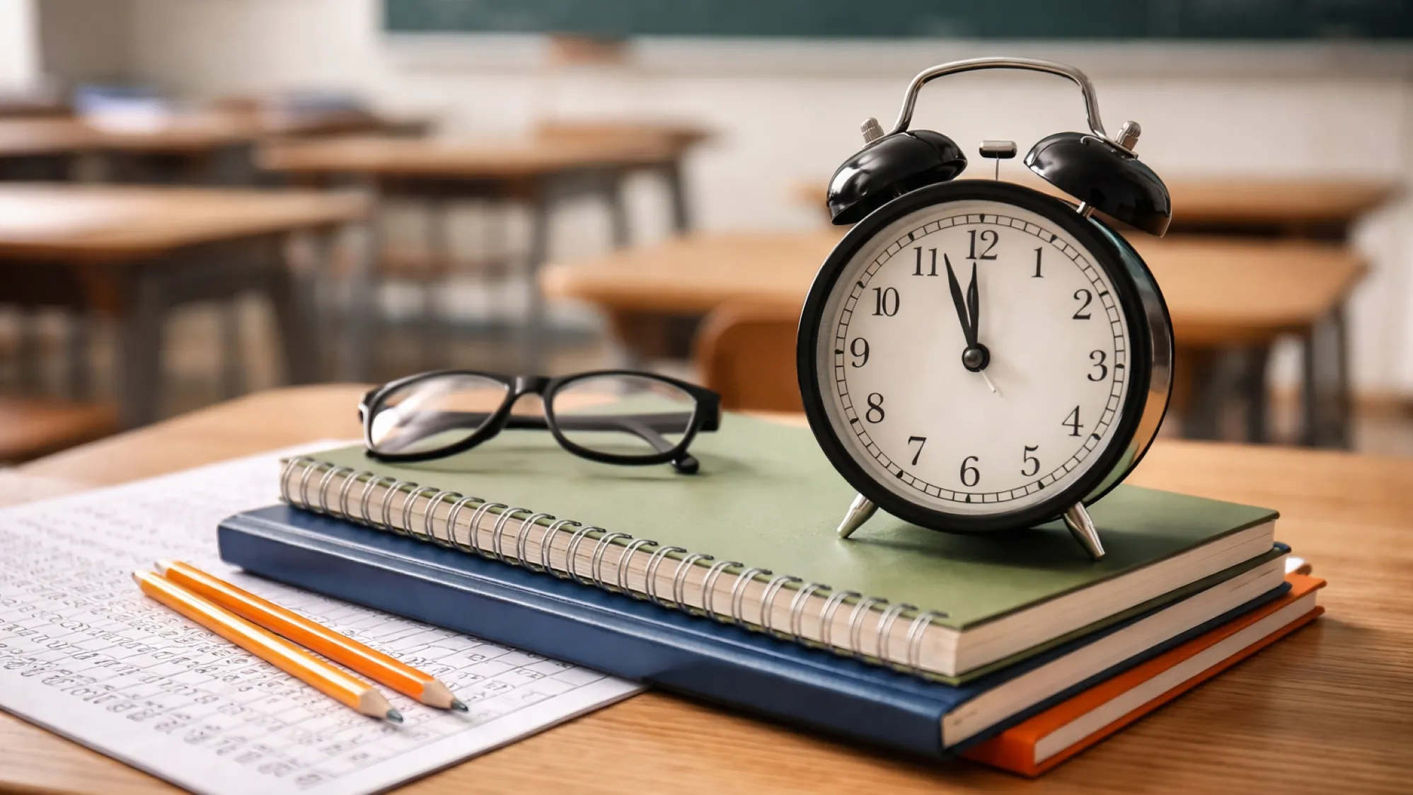 evaluación educativa con reloj y libros escolares representando medición tardía del aprendizaje en el sistema educativo