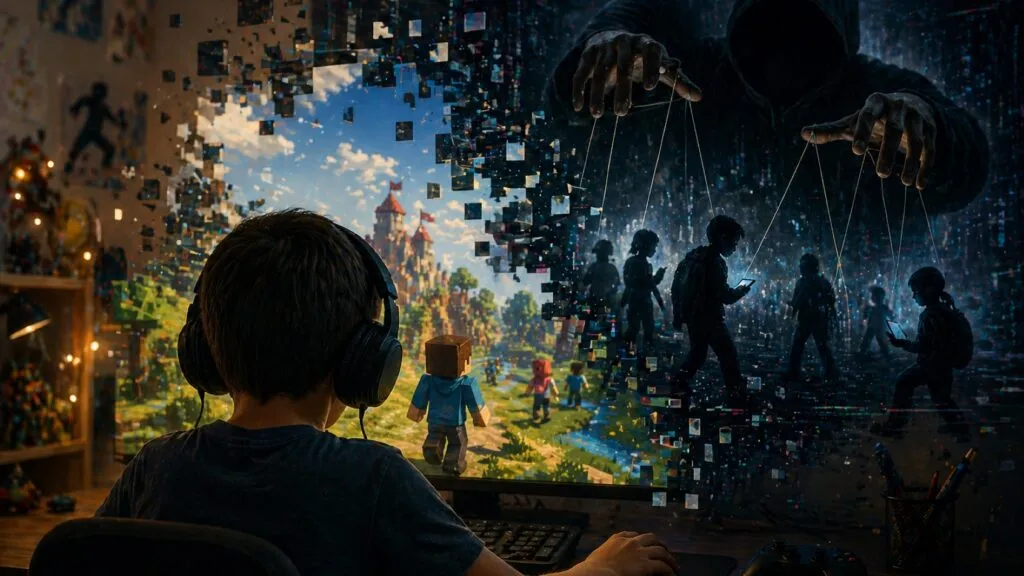 riesgos digitales en videojuegos con menor frente a pantalla donde el mundo virtual revela amenazas ocultas y manipulación en línea