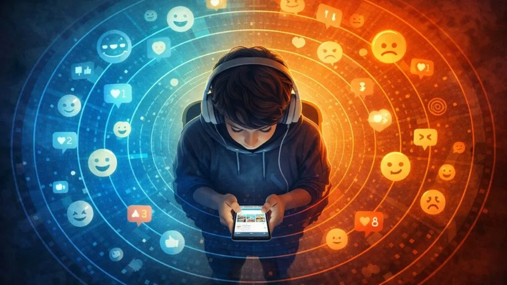 Adolescente usando smartphone rodeado de capas visuales que representan emociones y uso de redes sociales en salud mental juvenil