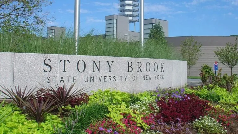 Stony Brook University campus con áreas verdes y árboles reflejando compromiso ambiental y sostenibilidad educativa