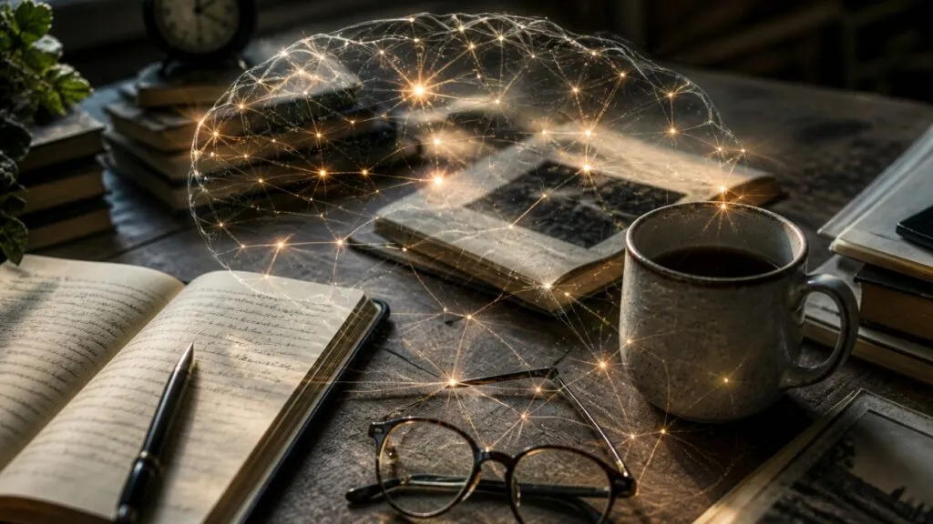 super-agers con adulto mayor activo y conexiones cerebrales que representan memoria juvenil y envejecimiento saludable