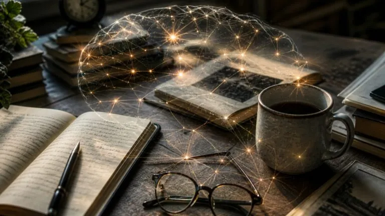 super-agers con adulto mayor activo y conexiones cerebrales que representan memoria juvenil y envejecimiento saludable
