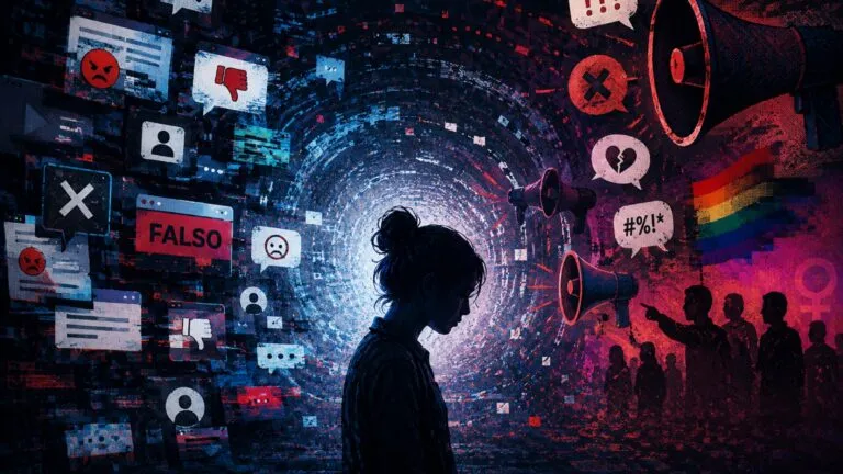 Ilustración conceptual sobre desinformación digital y discursos de odio en internet