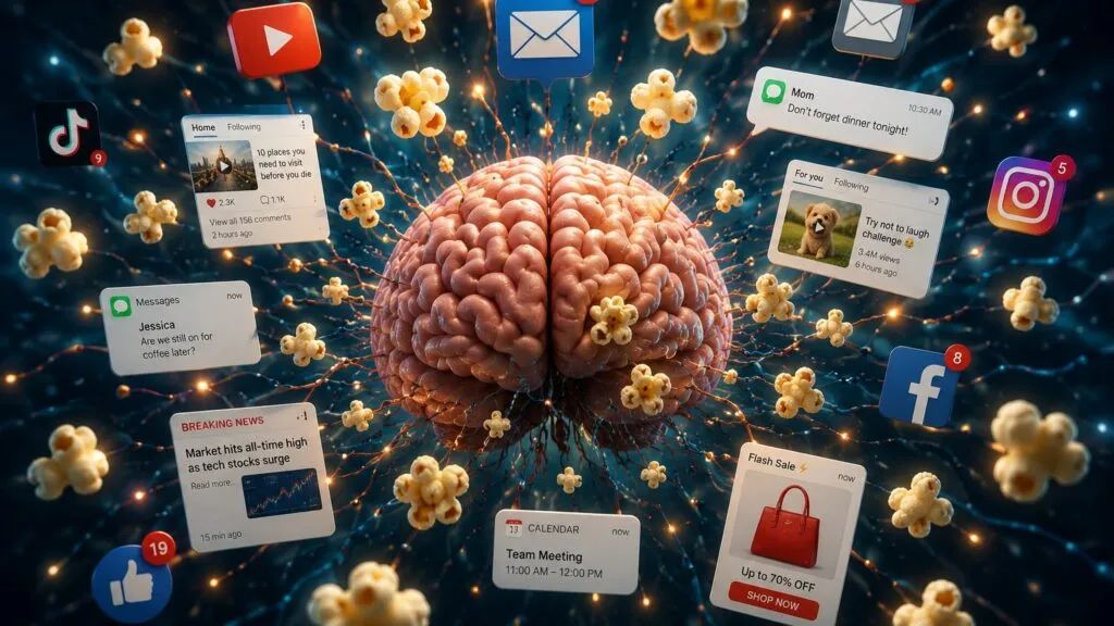 Concepto visual sobre popcorn brain y saturación digital causada por redes sociales