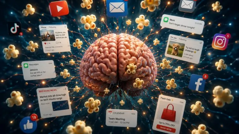 Concepto visual sobre popcorn brain y saturación digital causada por redes sociales
