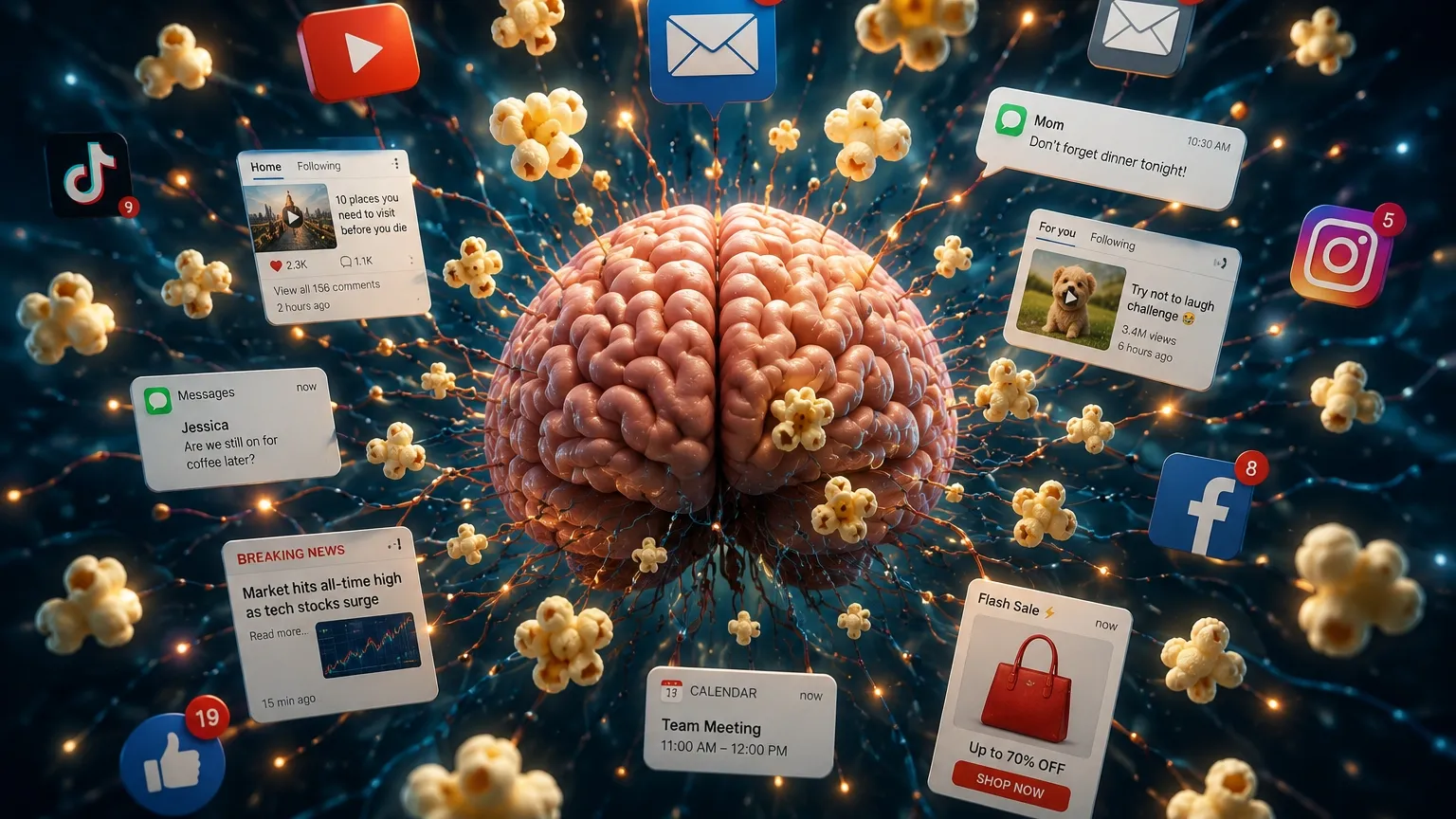 Concepto visual sobre popcorn brain y saturación digital causada por redes sociales