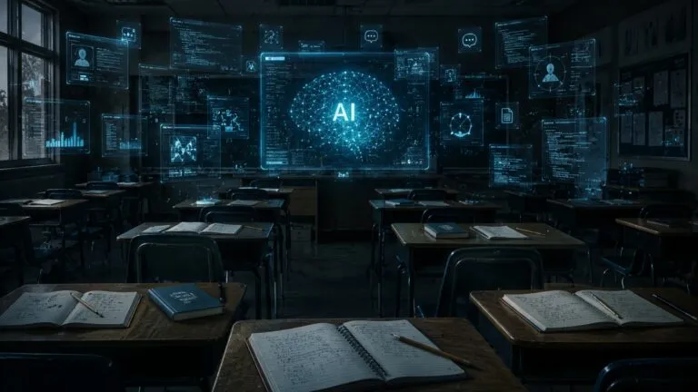 Aula escolar futurista representa los riesgos de la IA en estudiantes y el impacto de la tecnología sobre el aprendizaje y la concentración