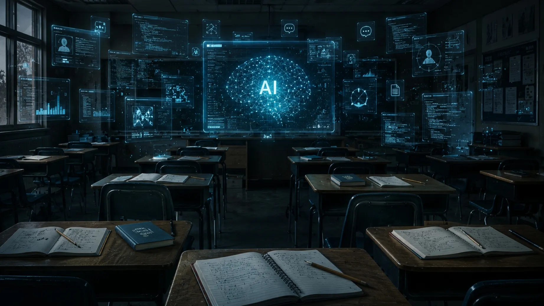 Aula escolar futurista representa los riesgos de la IA en estudiantes y el impacto de la tecnología sobre el aprendizaje y la concentración