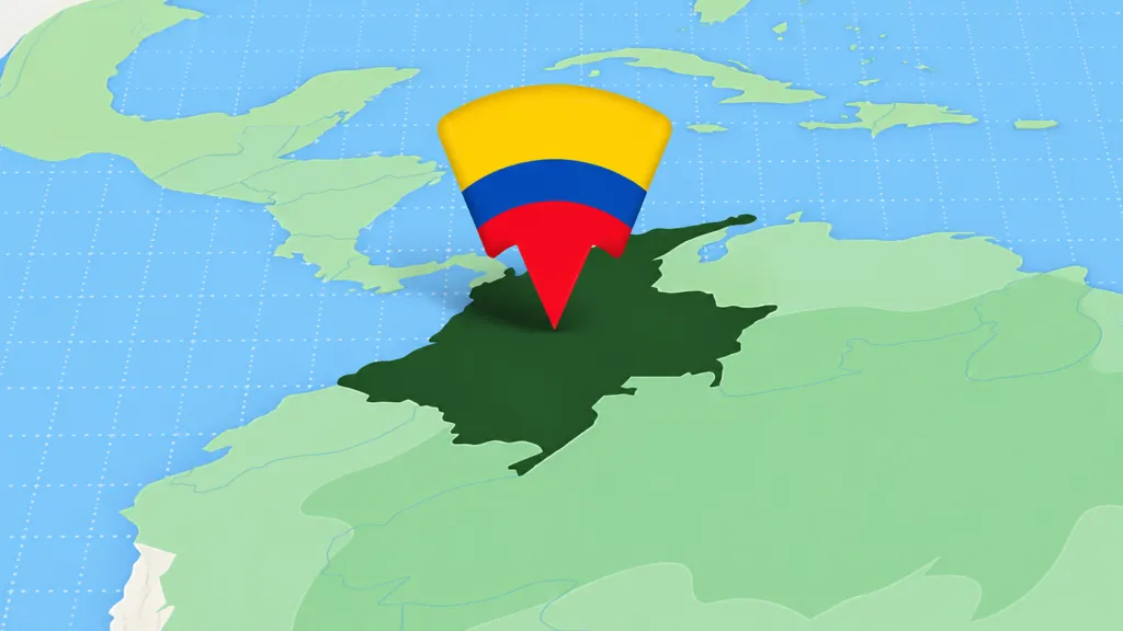 Mapa de Colombia con marcador en los colores de la bandera colombiana